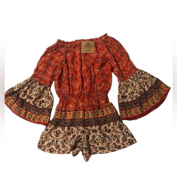 NWT Angie Girls Red Summer Romper Jumpsuit Elastic Neck Waist Wide Long Sleeves - Picture 3 of 8